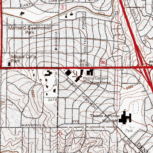 Topographic Map of Happy Canyon Shopping Center, CO