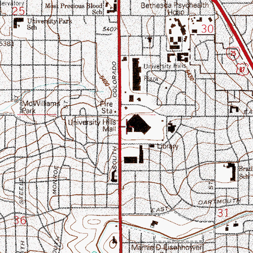 Topographic Map of University Hills Mall, CO