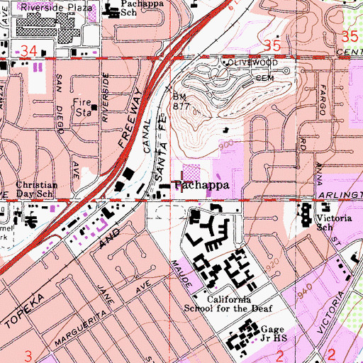 Topographic Map of Arlington Square Shopping Center, CA
