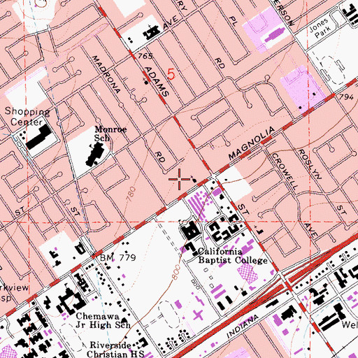Topographic Map of Magnolia Avenue Baptist Church, CA
