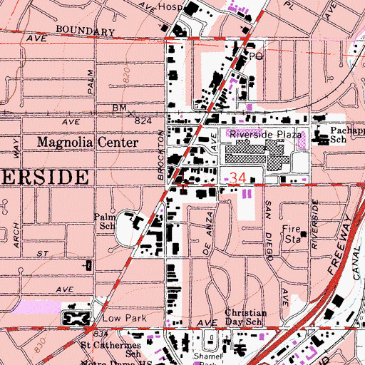 Topographic Map of Marcy Branch Riverside City and County Public Library, CA