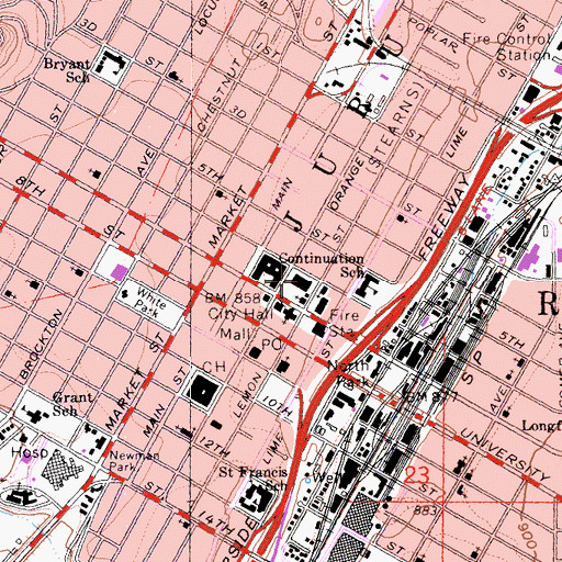 Topographic Map of Central Branch Riverside City and County Public Library, CA