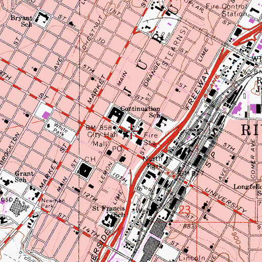 Topographic Map of Riverside Municipal Auditorium and Soldiers Memorial Building, CA