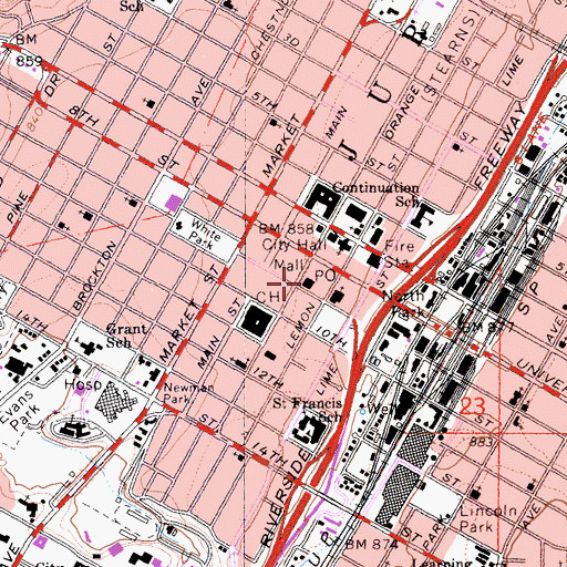 Topographic Map of Downtown Riverside Post Office, CA