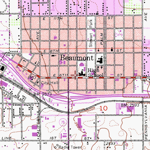 Topographic Map of Beaumont City Hall, CA