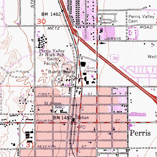 Topographic Map of Perris City Hall, CA