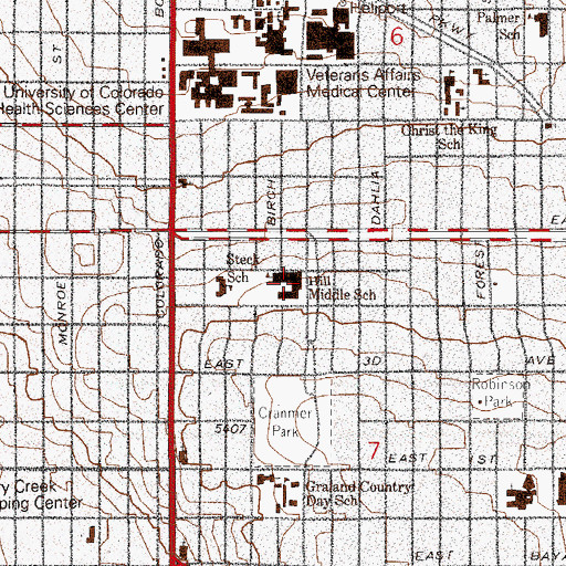 Topographic Map of Hill Middle School Campus of Arts and Sciences, CO
