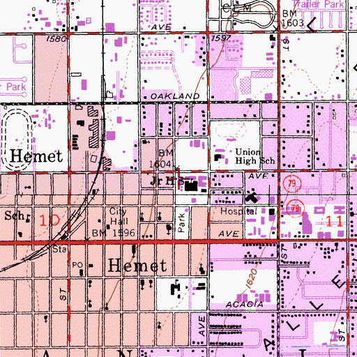 Topographic Map of Hemet Adult School, CA