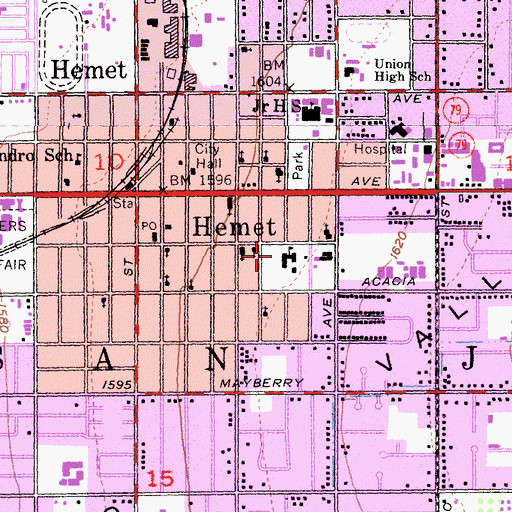 Topographic Map of Hemet Elementary School, CA