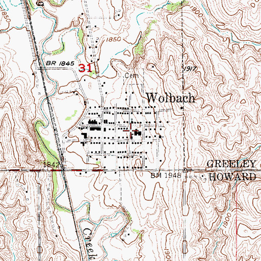 Topographic Map of Wolbach Public Schools, NE