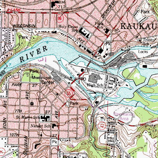 Topographic Map of Kaukauna Post Office, WI