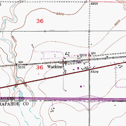 Topographic Map of Watkins, CO