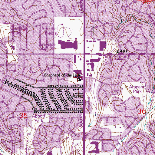 Topographic Map of Shepherd of the Hills Lutheran Church, CO