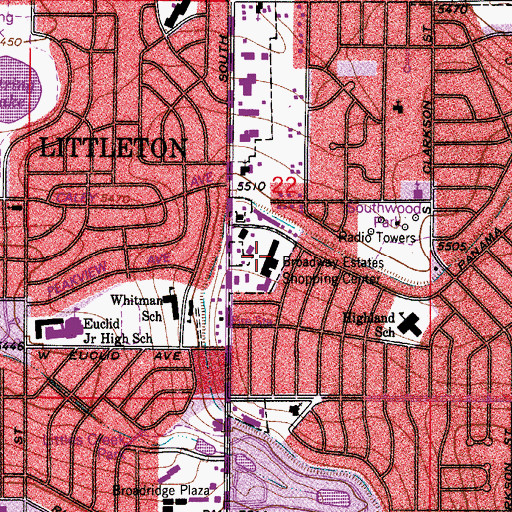 Topographic Map of Broadway Estates Shopping Center, CO