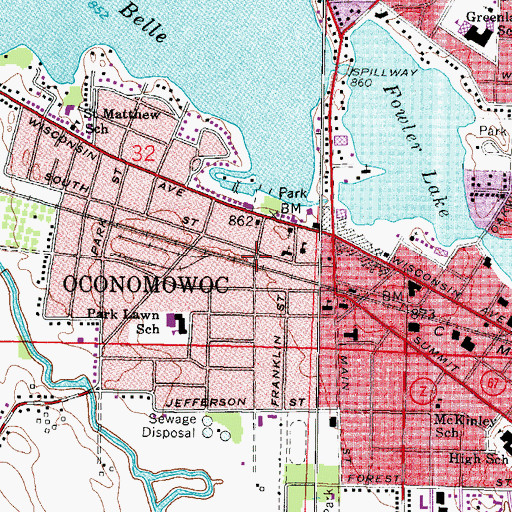 Topographic Map of Oconomowoc Public Library, WI