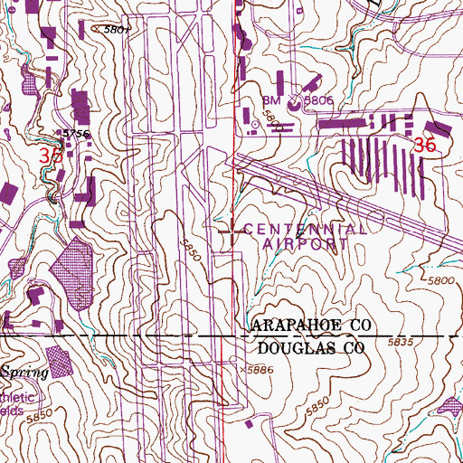 Topographic Map of Centennial Airport, CO