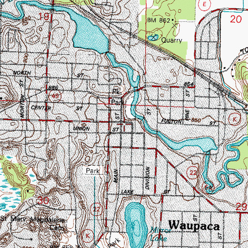 Topographic Map of Waupaca City Hall, WI