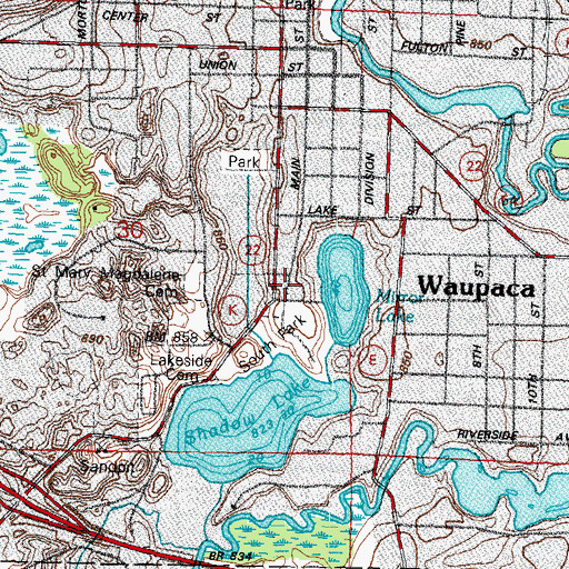 Topographic Map of Waupaca Community Hospital (historical), WI