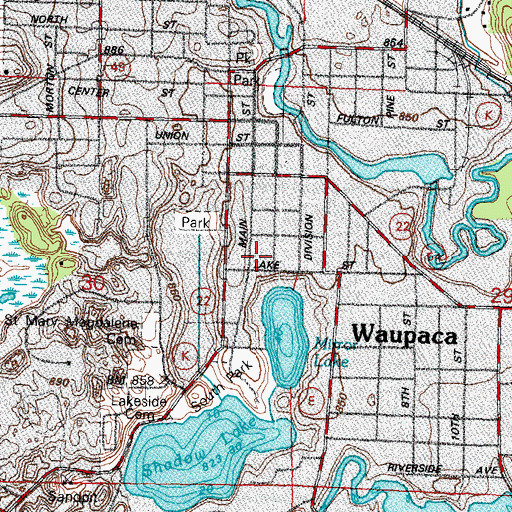 Topographic Map of Waupaca Free Public Library, WI