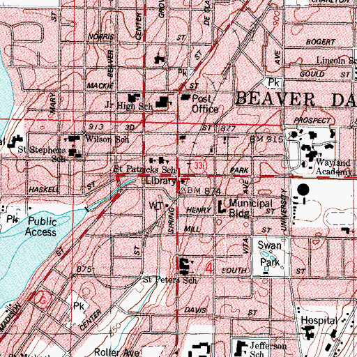 Topographic Map of Beaver Dam Community Library, WI