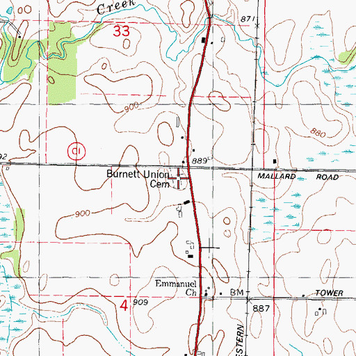Topographic Map of Burnett Union Cemetery, WI