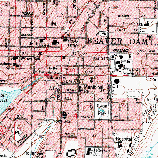 Topographic Map of Hillcrest School (historical), WI