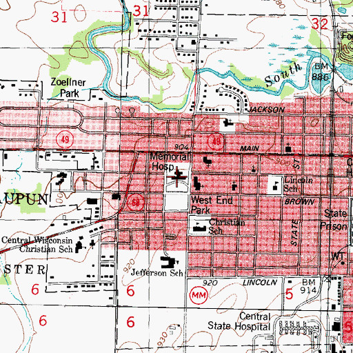 Topographic Map of Waupun Memorial Hospital, WI