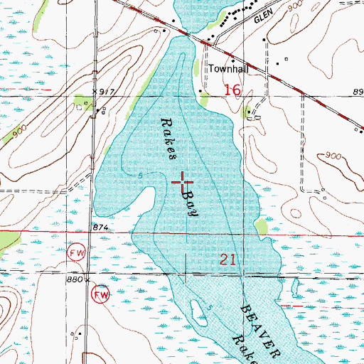 Topographic Map of Rakes Bay, WI