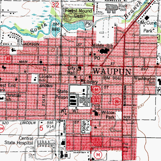 Topographic Map of Waupun Public Library, WI