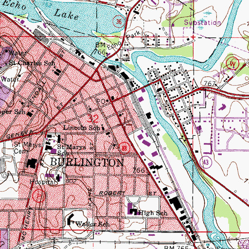 Topographic Map of Burlington Post Office, WI