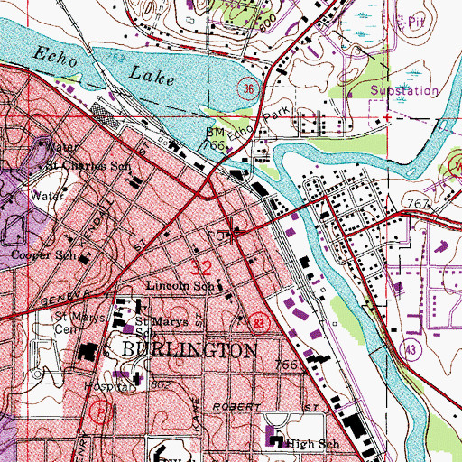 Topographic Map of Burlington Public Library, WI
