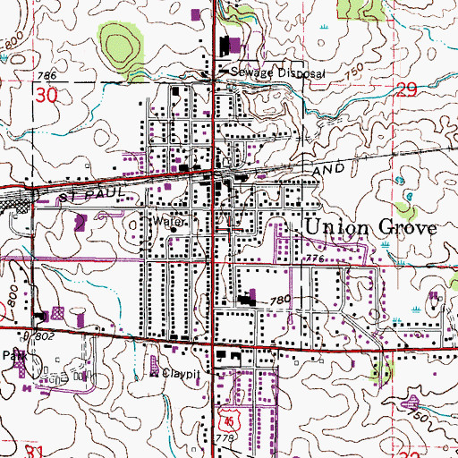 Topographic Map of Union Grove United Methodist Church, WI