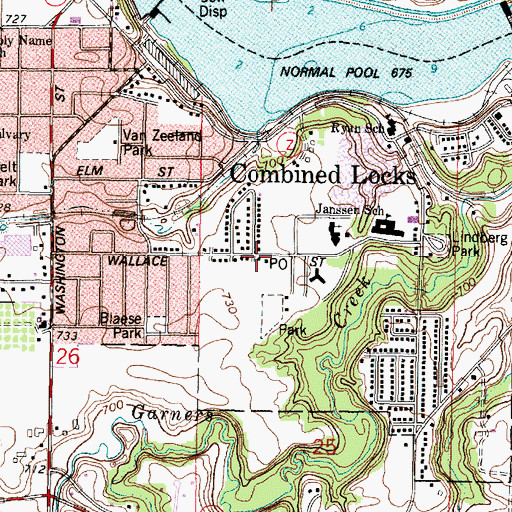 Topographic Map of Combined Locks Post Office, WI