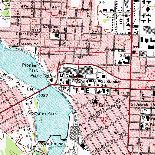 Topographic Map of Mathias Mitchell Public Square Main Street Historic District, WI