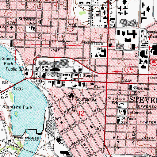 Topographic Map of Stevens Point City Hall, WI