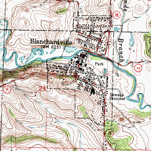 Topographic Map of Blanchardville Post Office, WI