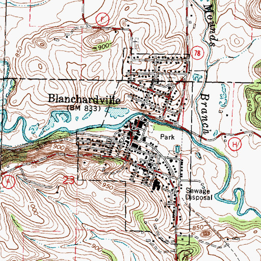 Topographic Map of Blanchardville Village Hall, WI