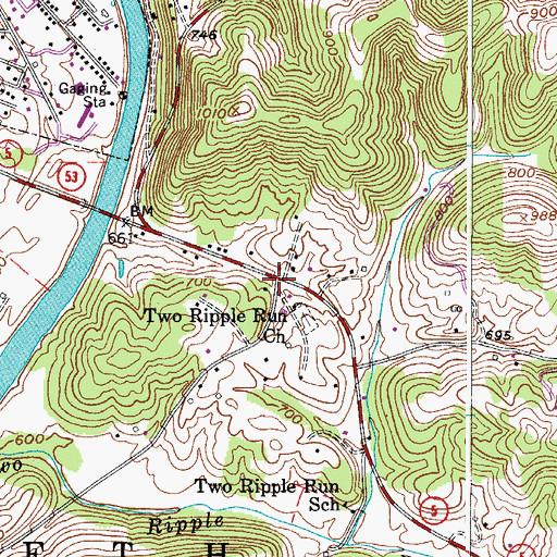 Topographic Map of Two Ripple Baptist Church Cemetery, WV