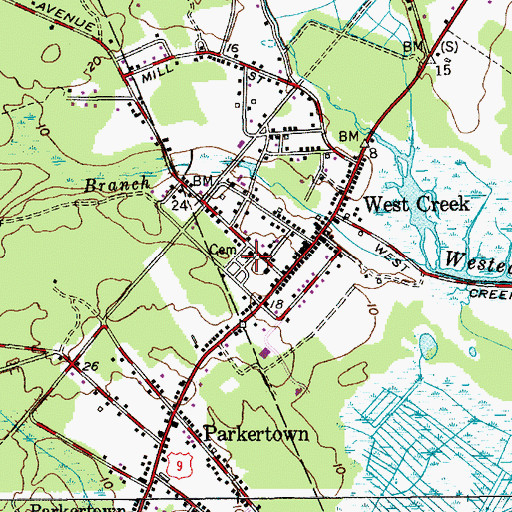 Topographic Map of West Creek Cemetery, NJ