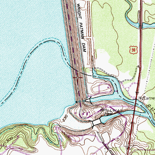 Topographic Map of Wright Patman Dam, TX