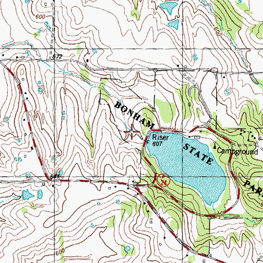 Topographic Map of Bonham State Park Dam, TX