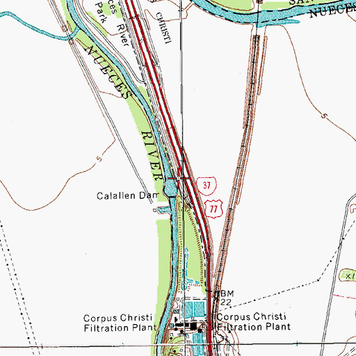 Topographic Map of Calallen Reservoir Dam, TX
