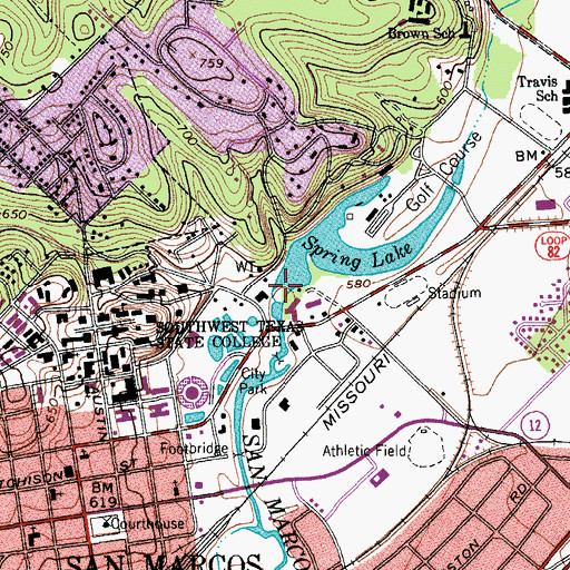 Topographic Map of Aquarena Dam, TX