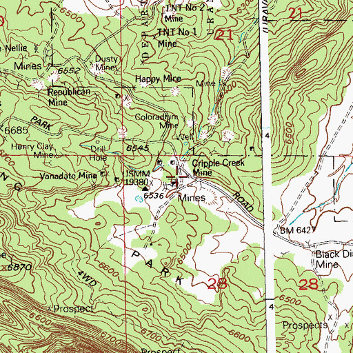 Topographic Map of Cripple Creek Mine, CO