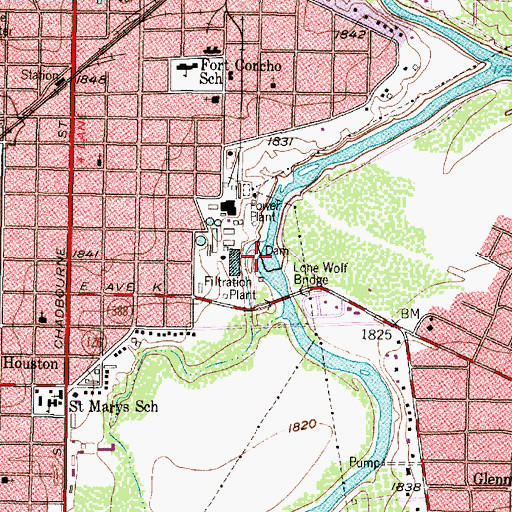 Topographic Map of Lone Wolf Dam, TX