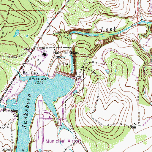 Topographic Map of Lake Jacksboro Dam, TX