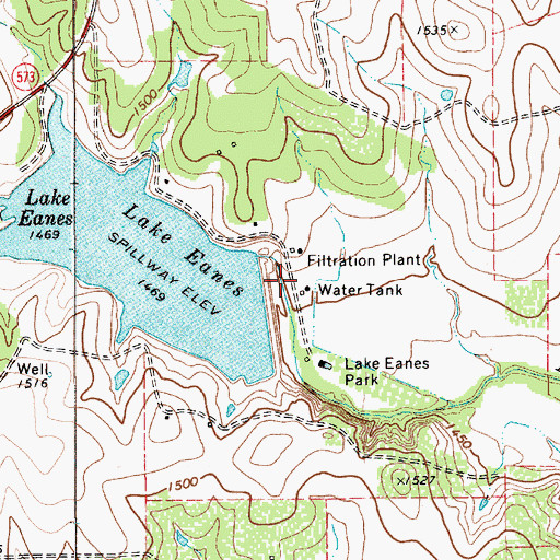 Topographic Map of Lake Eanes Dam, TX