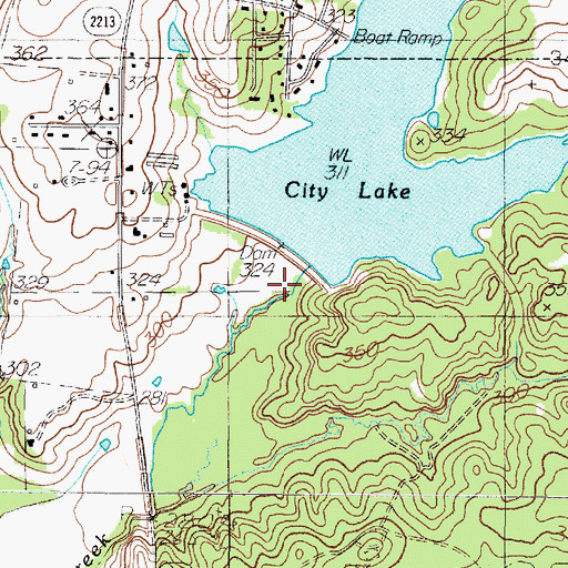Topographic Map of San Augustine City Lake Dam, TX