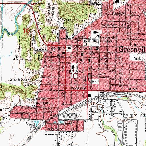 Topographic Map of Greenville Central Public School (historical), IL