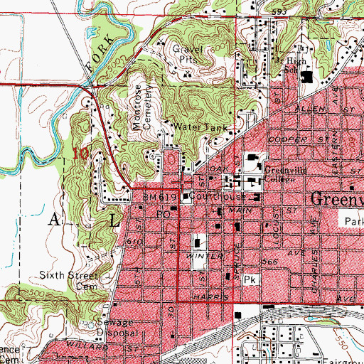 Topographic Map of Greenville City Hall, IL
